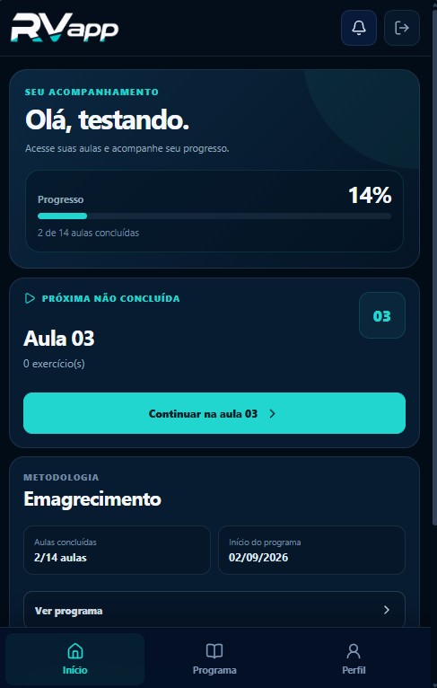 Tela inicial real do RV App